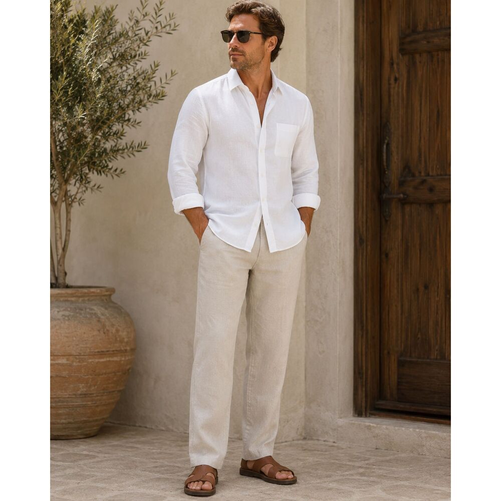 100% Linen White Button Down, 3 button cuff detail, Coastal, Quiet Luxury, L - Picture 6 of 6